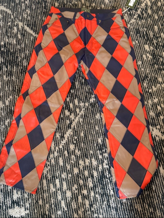 Denim Tears Pants - Women’s Harlequin Patchwork Faux-Leather Pants - Red/Navy/Tan